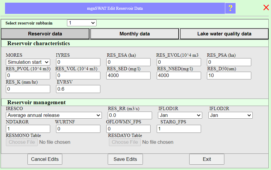 Edit reservoir data