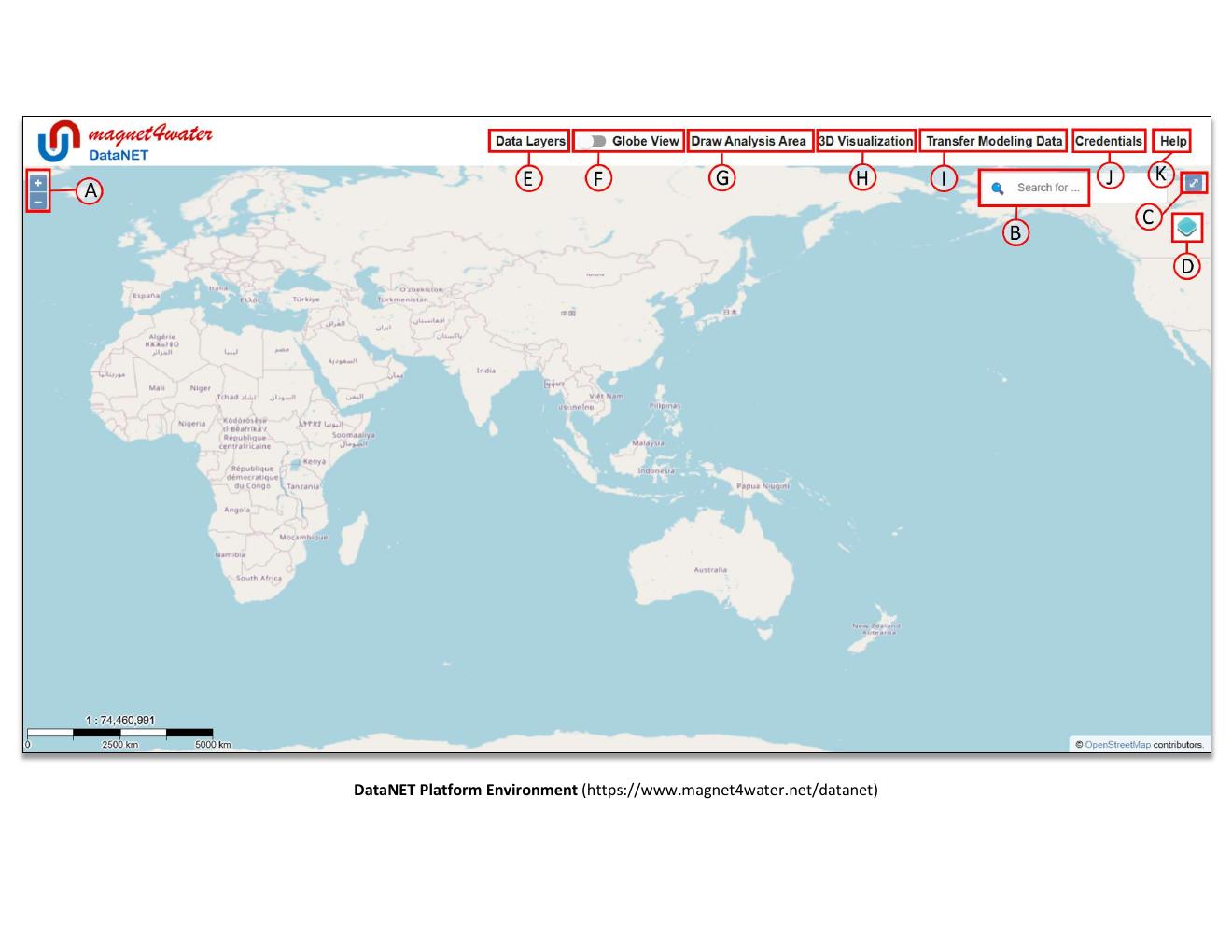 Figure 1 — The DataNET home screen with all controls labeled A through K