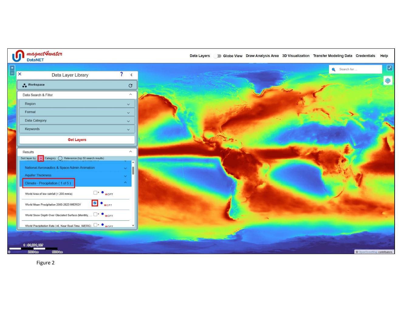 Figure 2 — World Mean Precipitation layer rendered in DataNET plan view