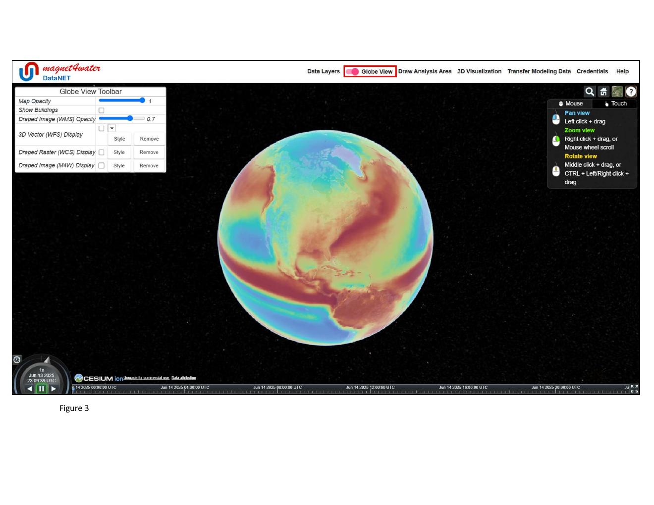 Figure 3 — World Mean Precipitation layer draped on a 3D digital terrain model in Globe View