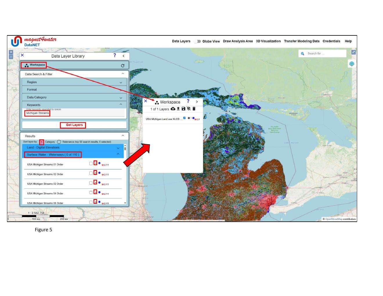 Figure 5 — Multiple Michigan stream layers added to the Workspace on top of the land-use layer