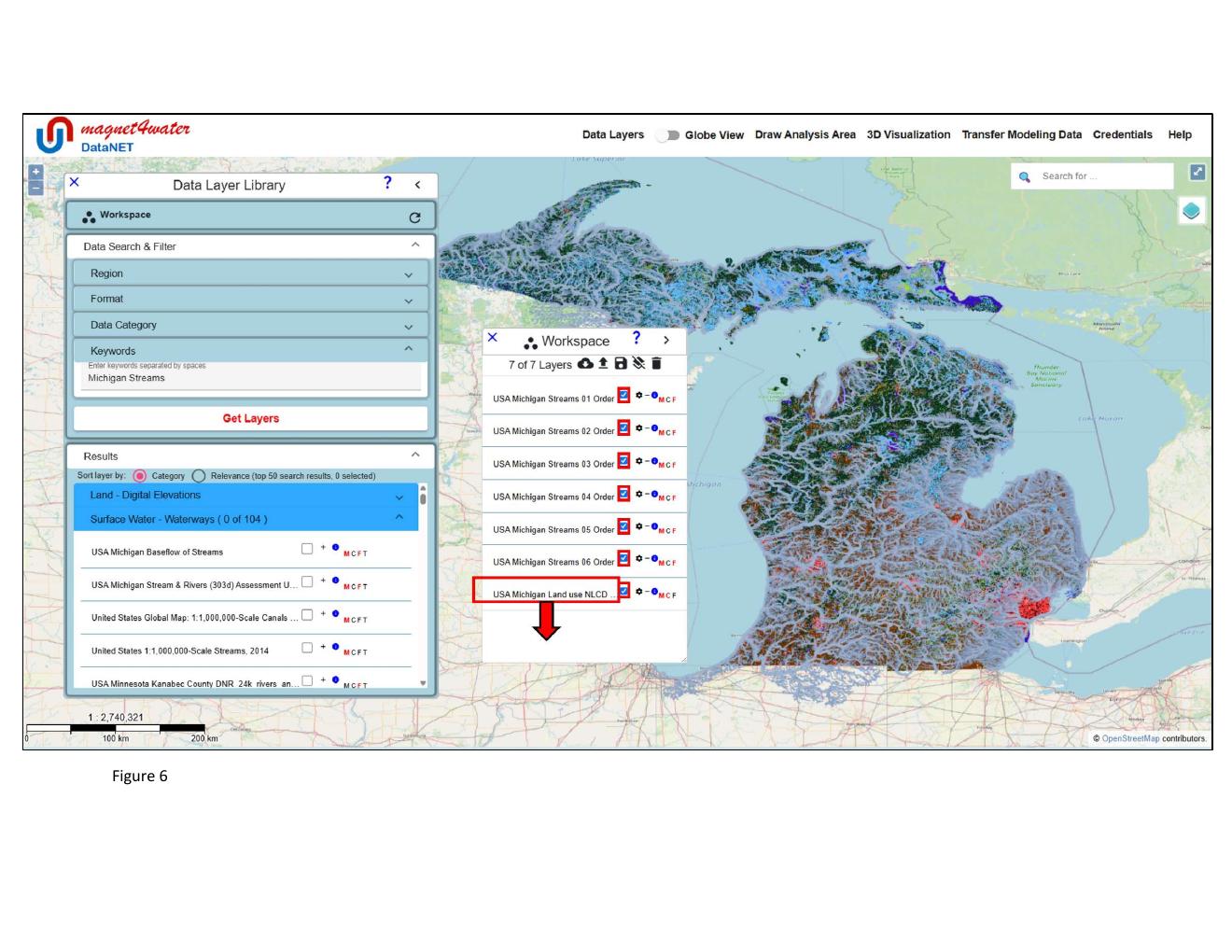 Figure 6 — Multi-layer overlay in plan view: Michigan land use with streams drawn over the top