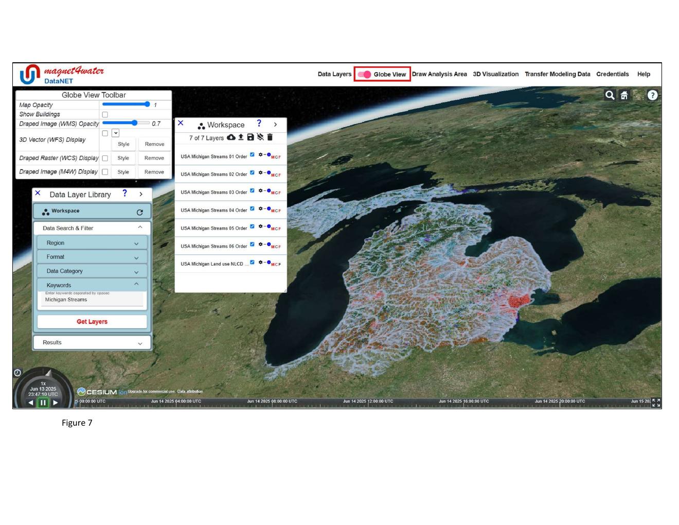 Figure 7 — The Michigan land-use-plus-streams overlay draped onto 3D digital terrain in Globe View