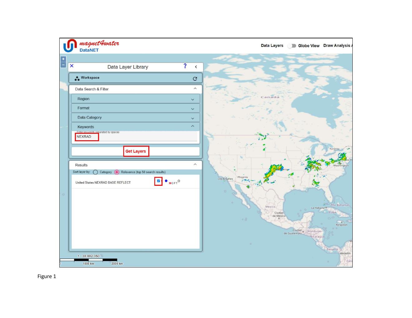 Figure 1 — NEXRAD base reflectivity layer selected in the Data Layer Library and rendered in static plan view