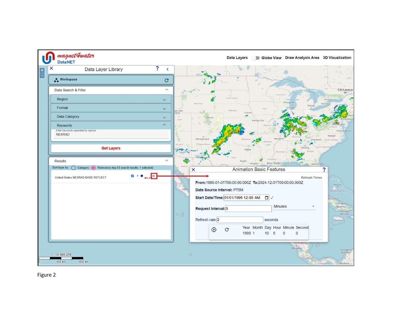 Figure 2 — The Animation Basic Features interface showing Start, Request Interval, Refresh Rate, and data time range
