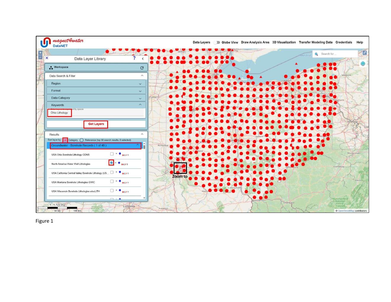 Figure 1 — Ohio borehole lithology layer in plan view with thousands of borehole locations shown as red dots