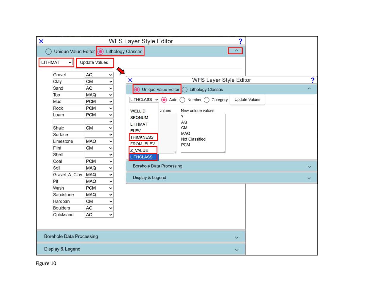 Figure 10 — Borehole Data Processing and Lithology Classes interfaces showing column-to-variable assignment and lithology mapping