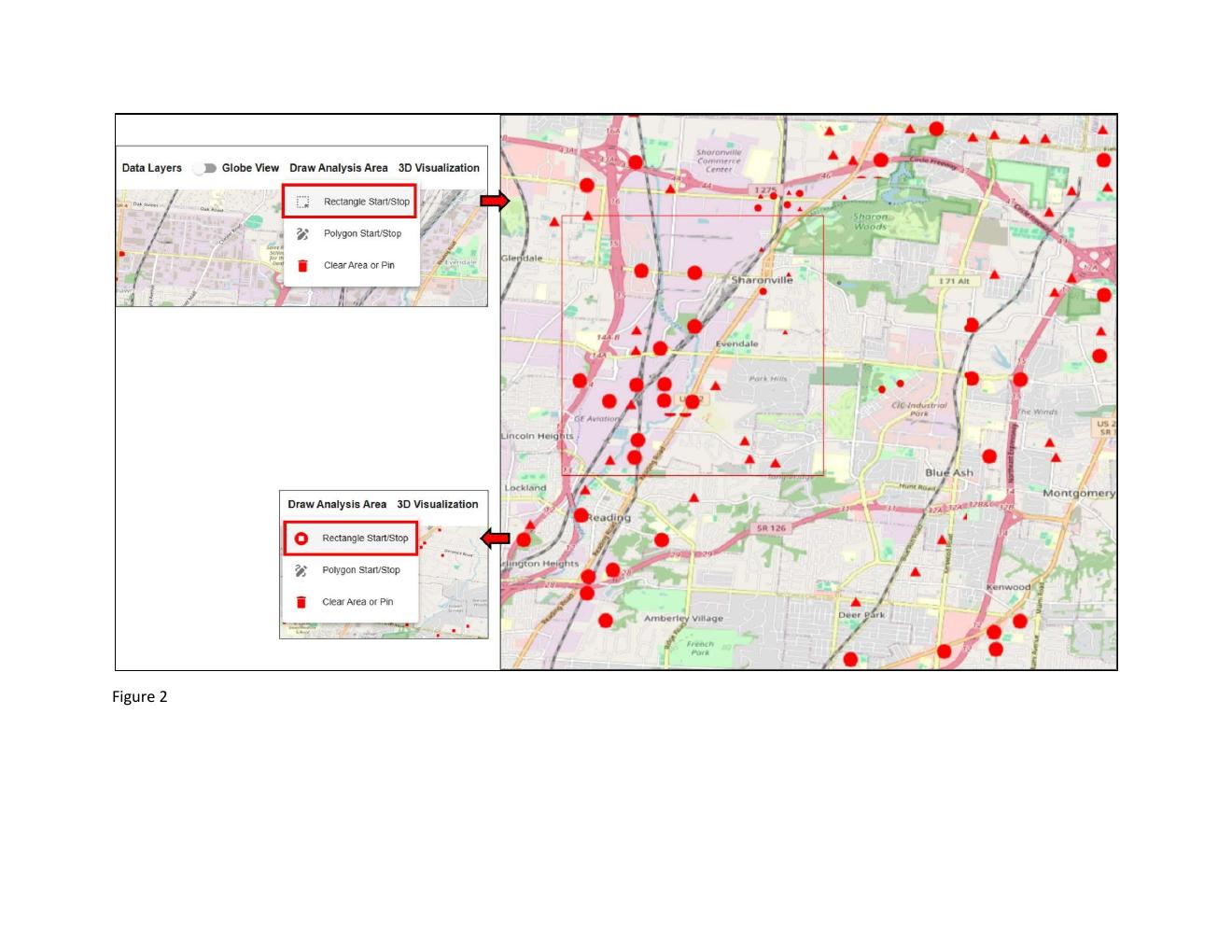Figure 2 — Zoomed view showing the draw-analysis-area rectangle over a small region north of Cincinnati along Mill Creek