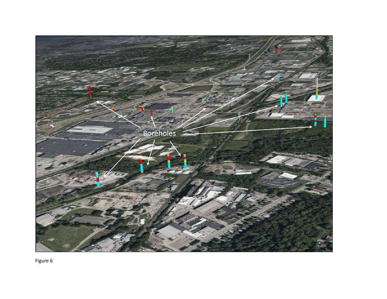 Figure 6 — Close-up view of 3D borehole cylinders over satellite imagery near Cincinnati