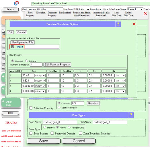 Borehole Simulation Options dialog showing BarronLakeTP.tp imported, with Material table for 4 materials having Kxx, Kxx/Kyy, Kxx/Kzz, porosity, Sy, Ss columns