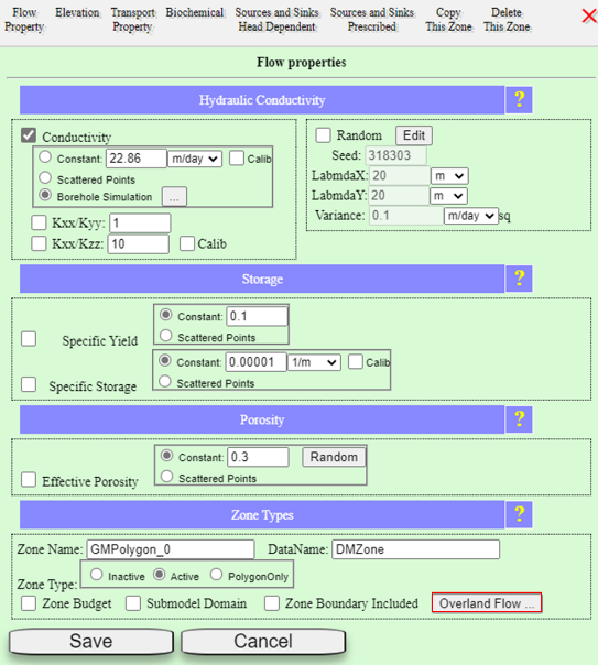 Surface Water Overland Flow Options menu showing Land Use and Cover tab with Manning coefficient and other surface parameters