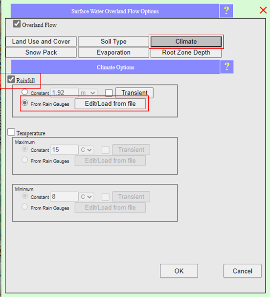 Climate tab of Overland Flow Options with Rainfall From Rain Gauges selected, Temperature enabled, and Load Rainfall Data dialog showing From Data Center option
