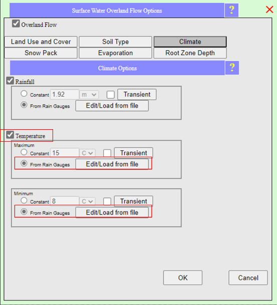 Soil Type tab with Raster from Data Center selected, Lookup Table button highlighted, and full soil parameters listed