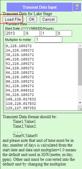 Transient Data Input dialog showing loaded Stage CSV with time-value pairs starting at 0,228.109272 with multiplier to meter