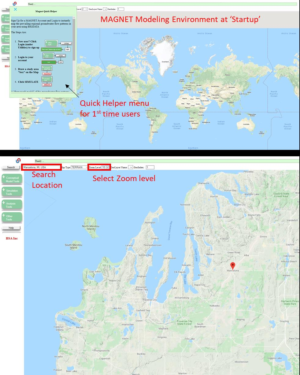 MAGNET modeling environment default screen showing world map with Quick Helper menu for first-time users