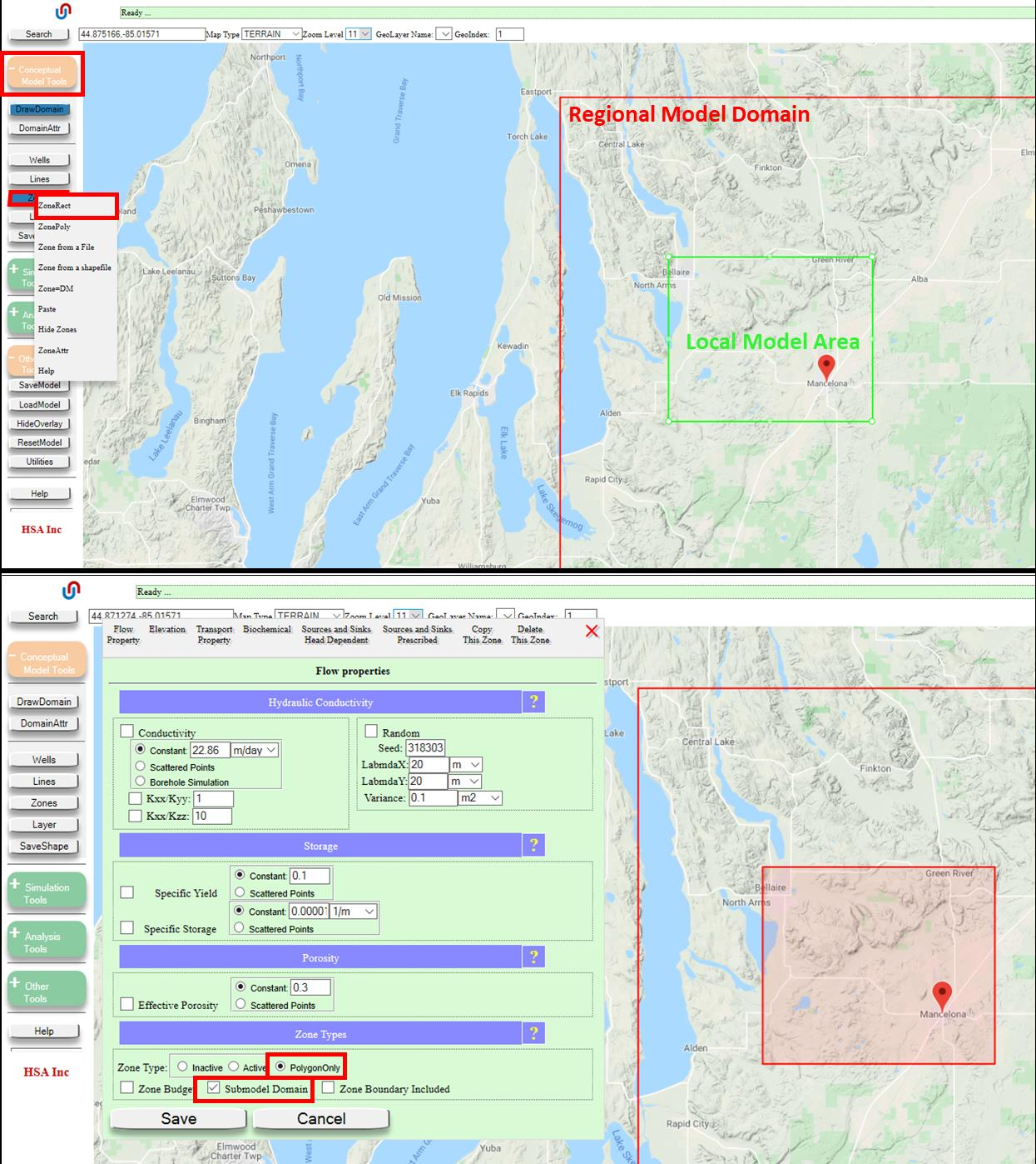 Regional Model domain drawn as red rectangle around Mancelona and surrounding region using DomainRect tool