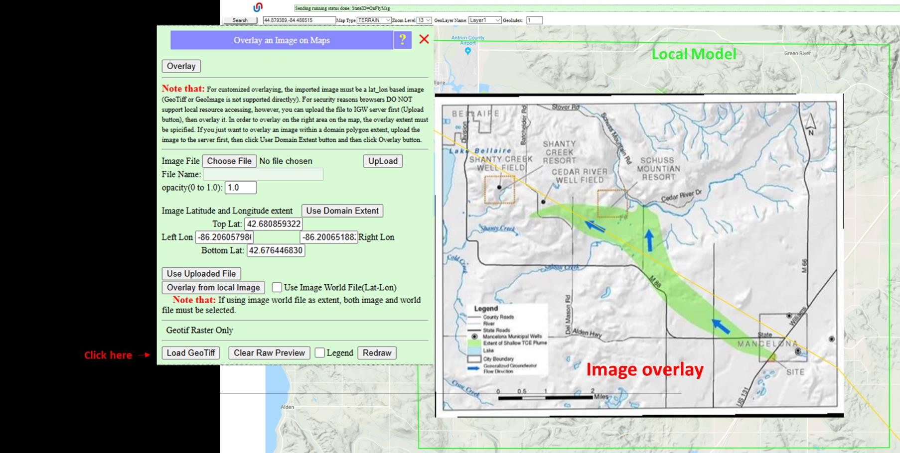 Local Model area highlighted as green rectangle inside the larger Regional Model domain, centered on Mancelona
