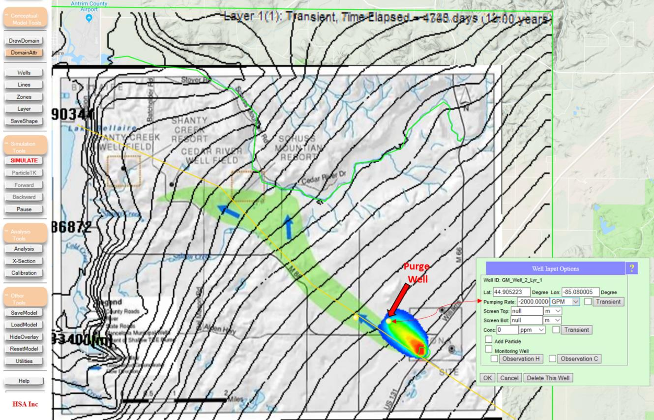 Cedar River stream polyline drawn on local map, with Line Attributes menu configured as two-way head dependent with stream stage from DEM and leakance 5 m/day