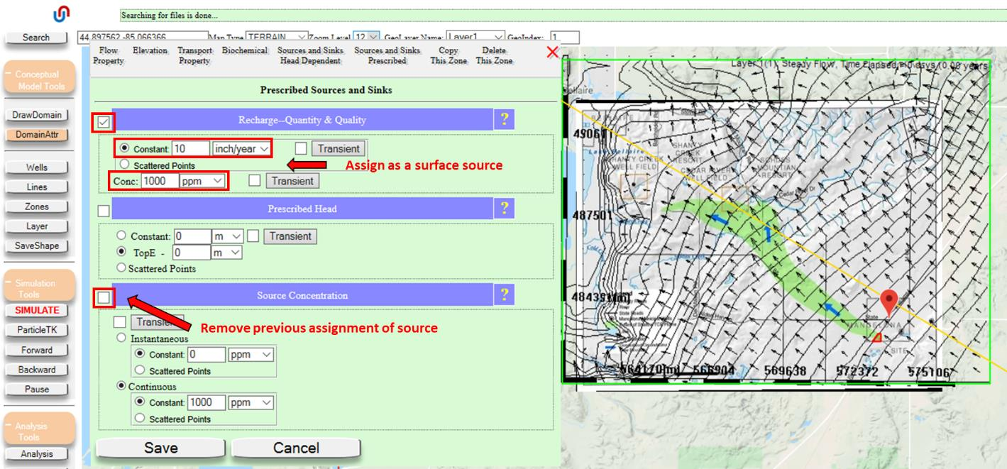 Zone polygon at Wickes Manufacturing spill site with Source and Sinks Prescribed tab showing Continuous source concentration 1000 ppm