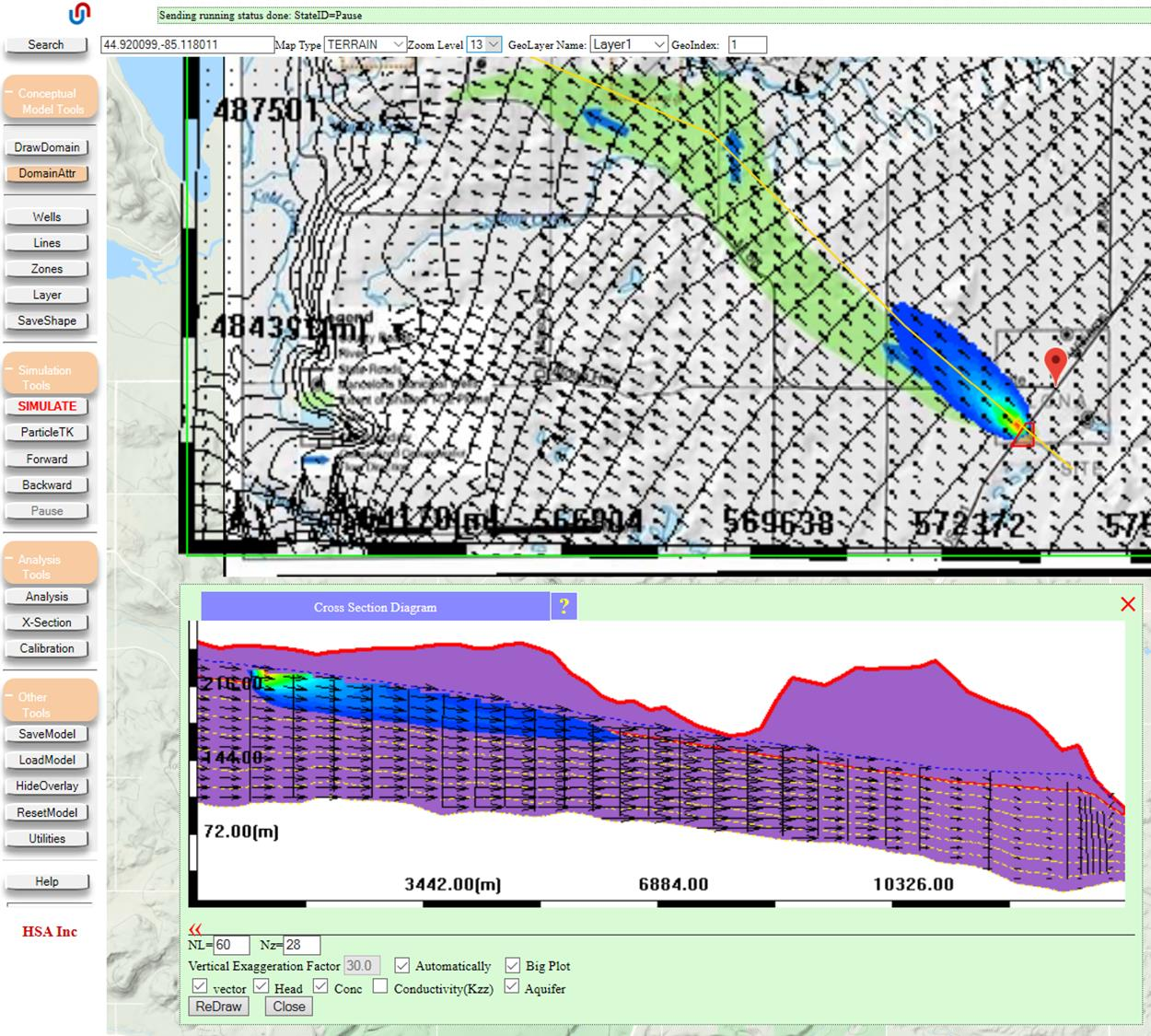 Simulated plume extent in plan and cross-section views, monitoring well concentration breakthrough curve showing rising TCE, aquifer mass balance chart, and calibration chart all displayed simultaneously