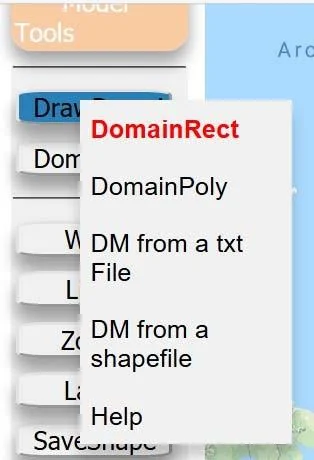 The rectangular domain drawing tool dropdown showing DomainRect, DomainPoly, DM from a txt File, and DM from a shapefile options