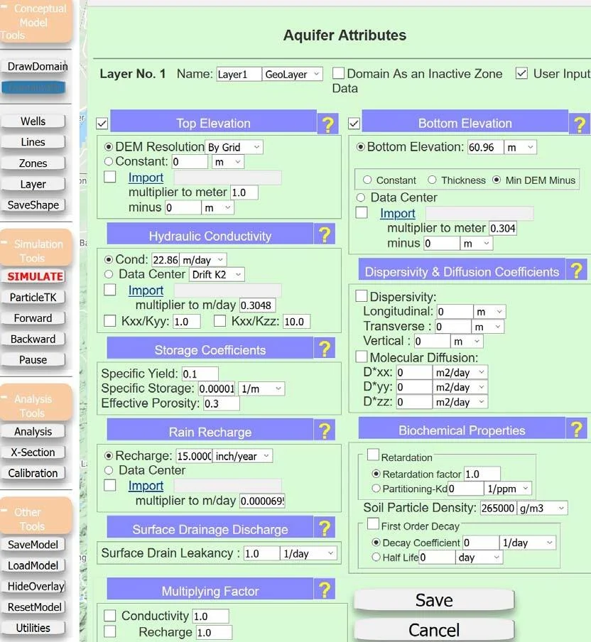 Domain Attributes window accessed through the DomainAttr button, showing the Aquifer Attributes tab with fields for layer information, elevations, hydraulic properties, and source/sink parameters