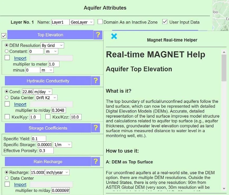 Aquifer attributes selection window showing all configurable parameters including Top Elevation, Bottom Elevation, Hydraulic Conductivity, Porosity, Storage coefficients, Recharge, Surface Drain Leakancy, and transport properties like Dispersivity and Diffusion