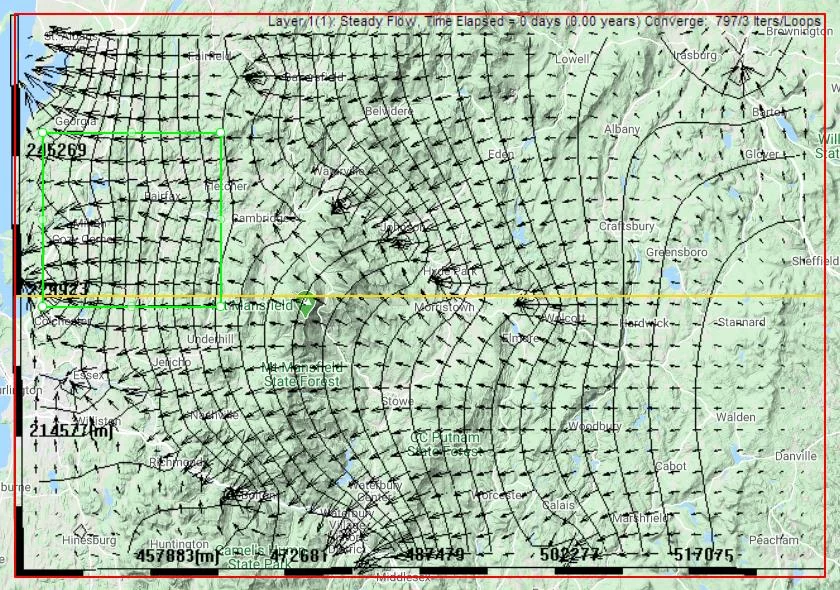 Model display showing a rectangular nested submodel zone drawn within the parent model domain near Milton, Vermont
