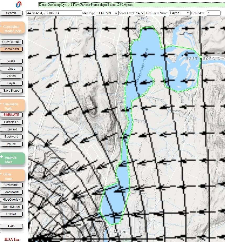 Model display showing a polygon representation of a lake drawn near Milton, Vermont, with the lake boundary defined by connected vertices on the map