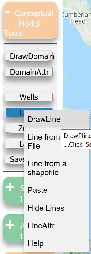 The sequence of click to initiate drawing the trace of the river on your model. The process is to click Conceptual Model Tools, then Lines, then DrawLine.
