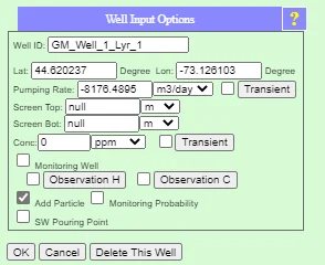 Well Input Options chart, with the ‘Add Paticle’ box checked so particles will be placed around the well at the onset of the next simulation.