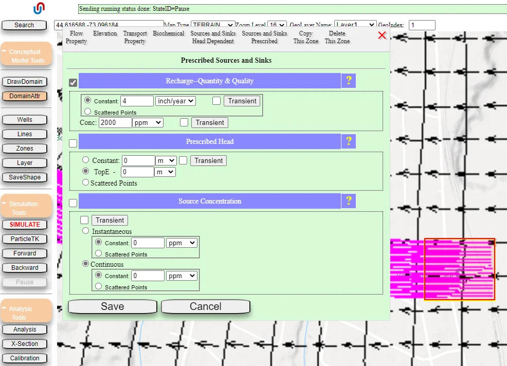 Source of dissolved species assigned in the Prescribed Sources and Sinks tab of the Zone Attributes menu.