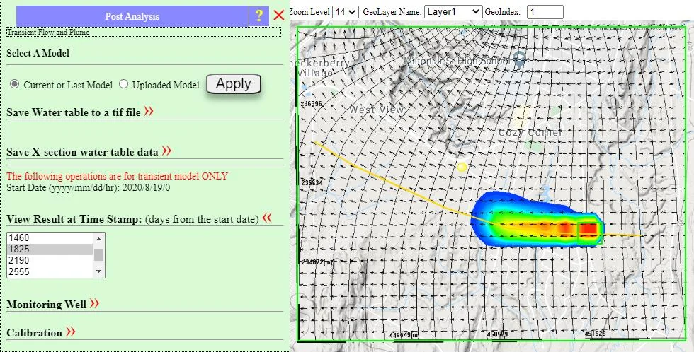 Plan-view results of transient simulation at time t=1825 days (5 years) showing evolved head contours near the pumping well reflecting time-varying pumping rates