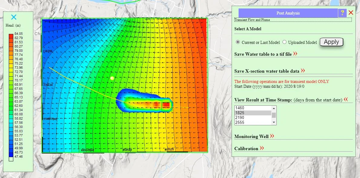 Updated plan view display showing hydraulic head results with a color map and head legend for enhanced visualization of the groundwater surface