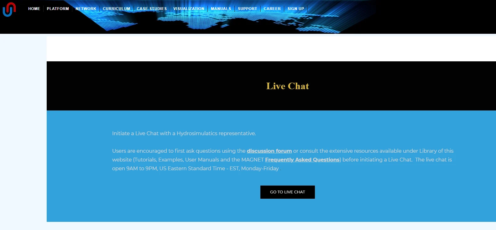 MAGNET support tab accessed through magnet4water.net showing links to Live Chat, Discussion Forum, and other support resources