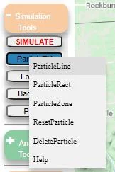 The ParticleTK submenu showing four particle placement tools: ParticleLine, ParticleRect, ParticlePoly, and DeleteParticle