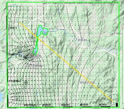 A simulation result showing groundwater head contours near a lake where the lake is recharging the adjacent aquifer due to nearby pumping, demonstrating two-way SW-GW exchange