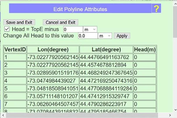 The Edit Polyline Attributes dialog configured for two-way head-dependent flux, showing fields for stage, leakance, bed elevation, and channel width at each vertex