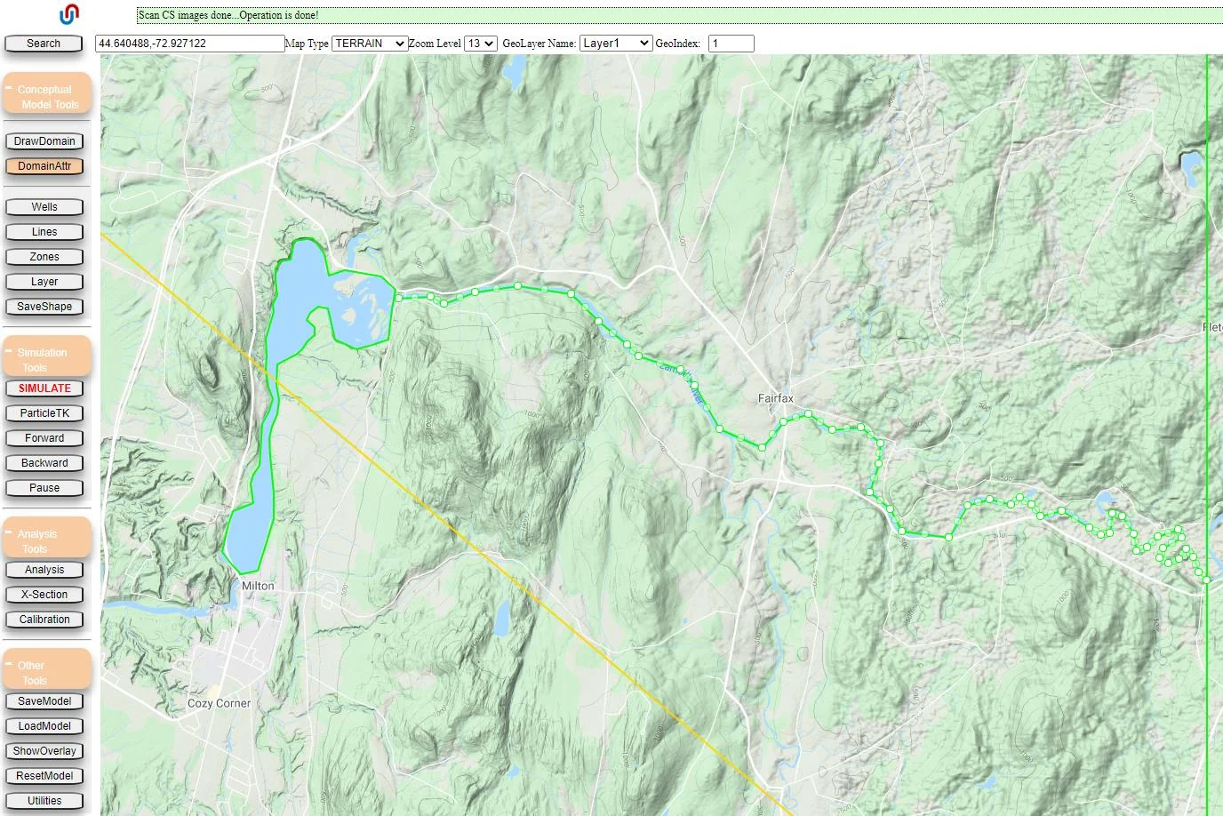 A river traced as a polyline feature on a model map, showing the connected-dot vertices that define the river's path through the aquifer domain