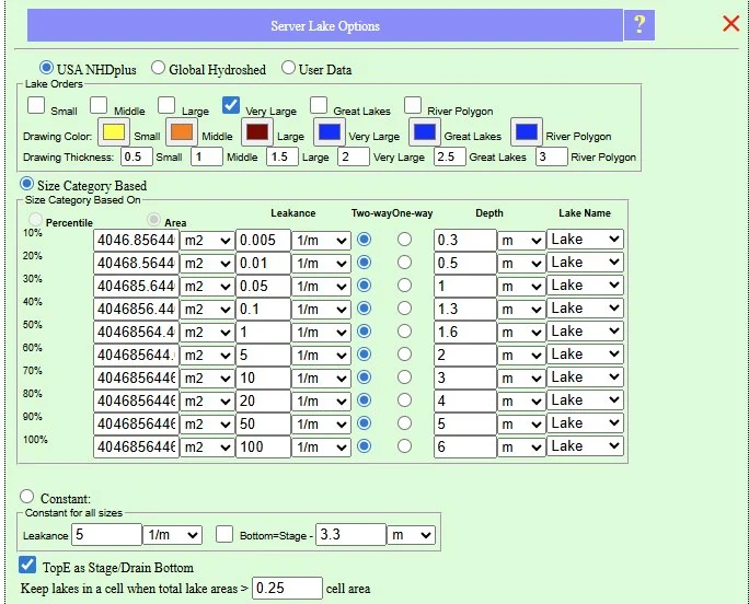 The Server Lake Options dialog showing lake size categories from Small through River Polygon, the Size Category Based on Percentile/Area table with 10 rows showing area thresholds, leakance, one-way/two-way radio buttons, depth, and Lake Name, plus the cell-fraction threshold for keeping small lakes at the current grid resolution