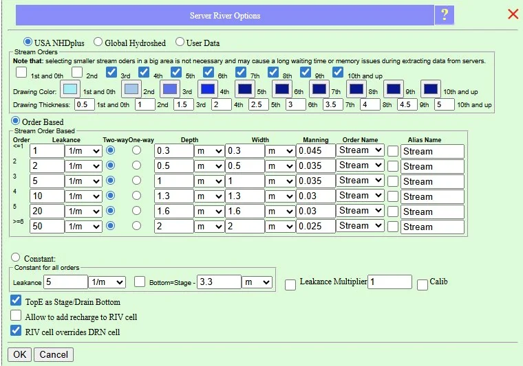The Server River Options dialog showing stream-order checkboxes from 1st-and-0th through 10th-and-up, the Order Based table with per-order leakance, one-way/two-way radio buttons, depth, width, and Manning coefficient, plus the Constant alternative and flags for TopE as Stage/Drain Bottom and RIV cell overrides DRN cell