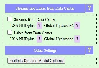 The Streams and Lakes from Data Center import panel with checkboxes for enabling Streams and Lakes, and radio buttons for USA NHDplus or Global HydroSHEDS as the source