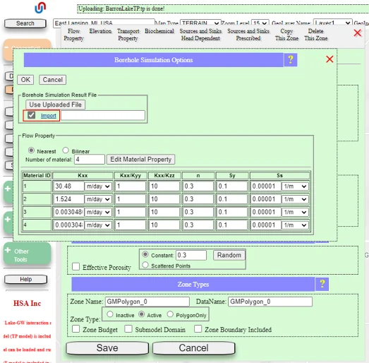 Borehole Simulation Options dialog with BarronLakeTP.tp imported, 4 materials in the Material table with columns for Kxx, Kxx/Kyy, Kxx/Kzz, porosity, Sy, Ss