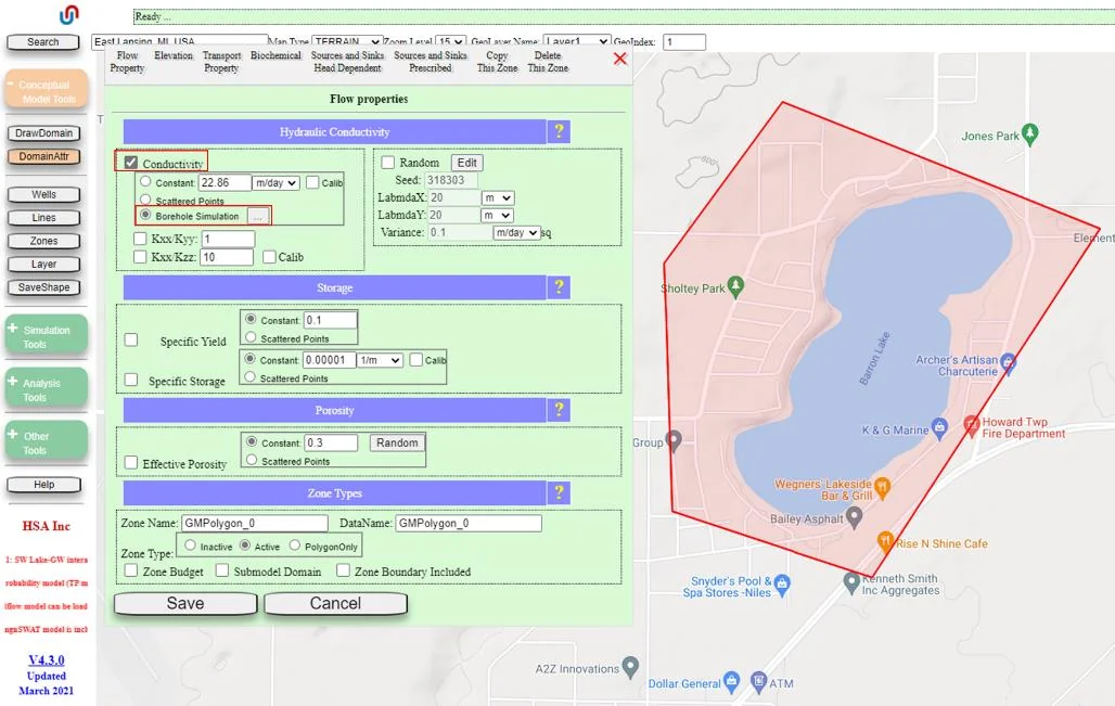 Zone Attributes Flow Properties tab with Conductivity checked and Borehole Simulation selected as the sub-option