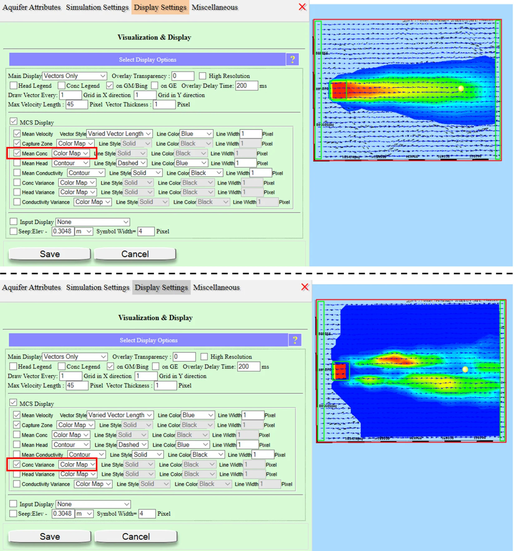 Monte Carlo summary showing the mean concentration field (smooth, wide plume representing the expected outcome) and concentration variance field (high variance at the plume fringe where contamination is most uncertain)