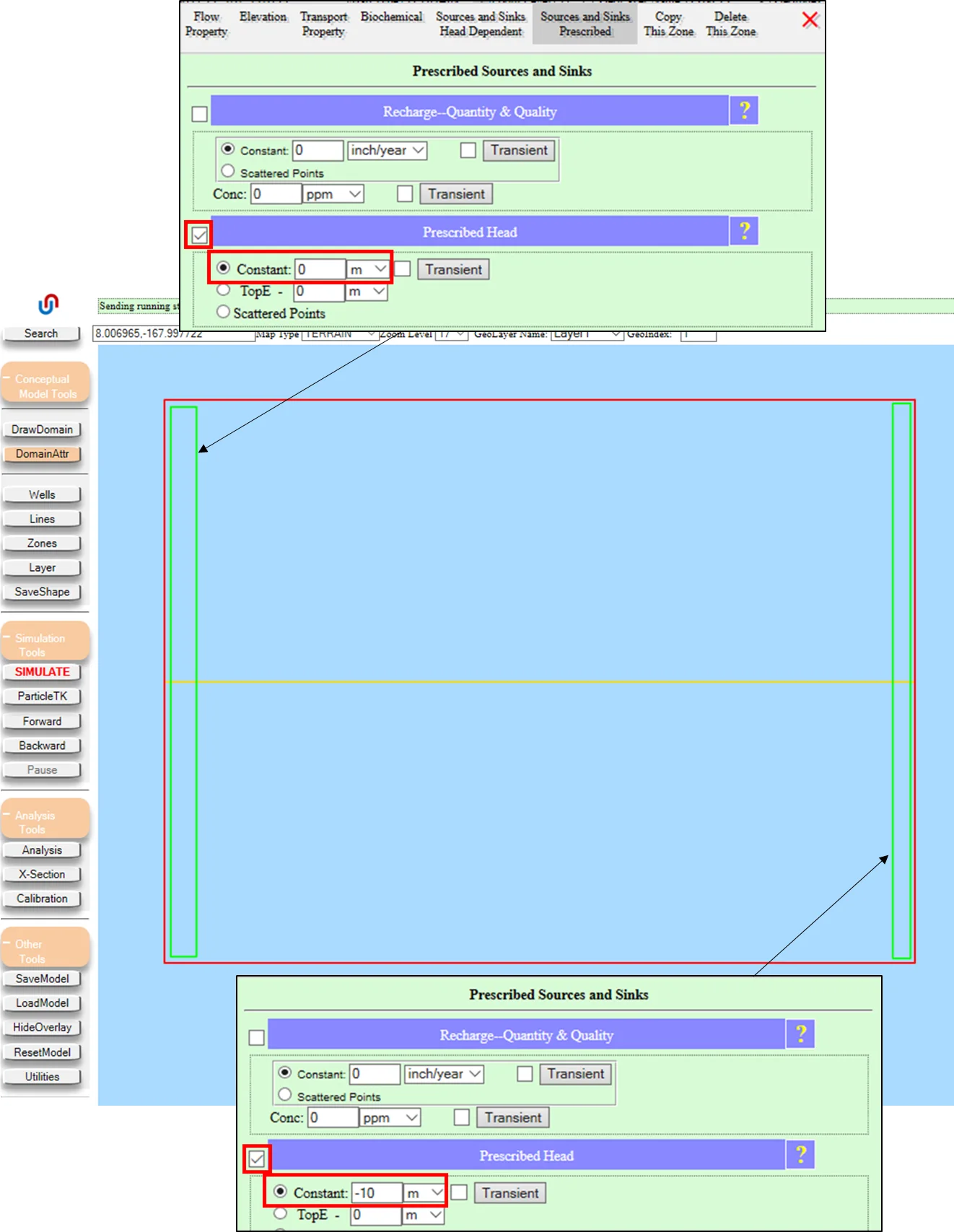 Monte Carlo setup showing a synthetic domain with river boundaries, domain-wide random K zone, and the Solver Options dialog with Monte Carlo Simulation checked and the number of realizations configured