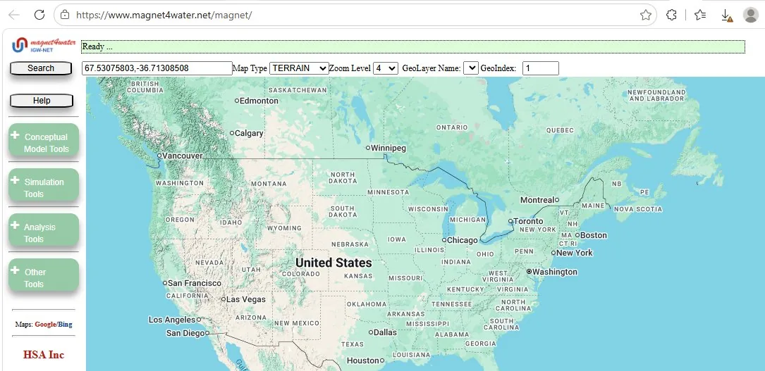 Current IGW-NET modeling workspace showing the map-based interface and modeling tool groups