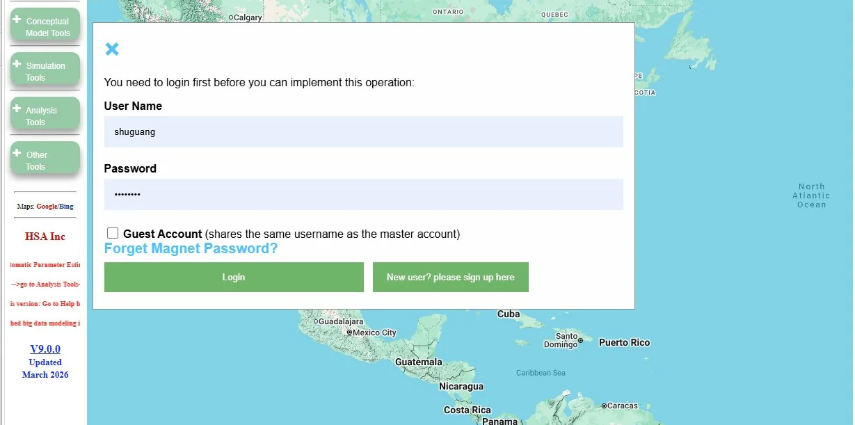 Current IGW-NET login dialog for signing in before running or saving model simulations