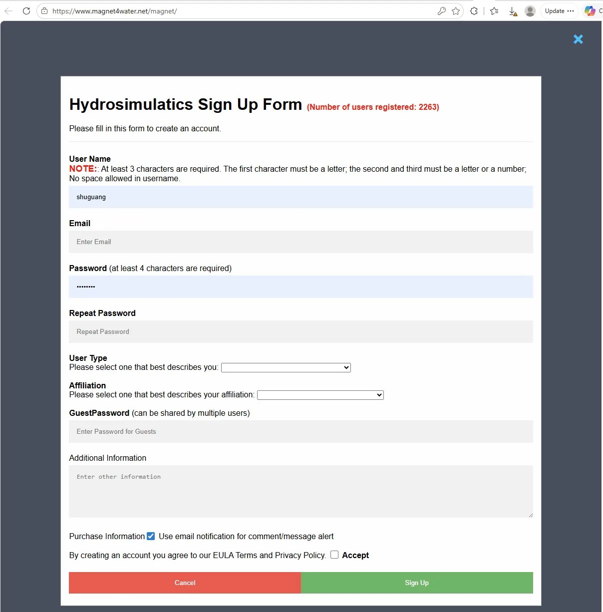 Current MAGNET4WATER account creation form used for registering a new user account