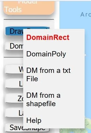 The rectangular domain drawing tool dropdown showing four options: DomainRect, DomainPoly, DM from a txt File, and DM from a shapefile